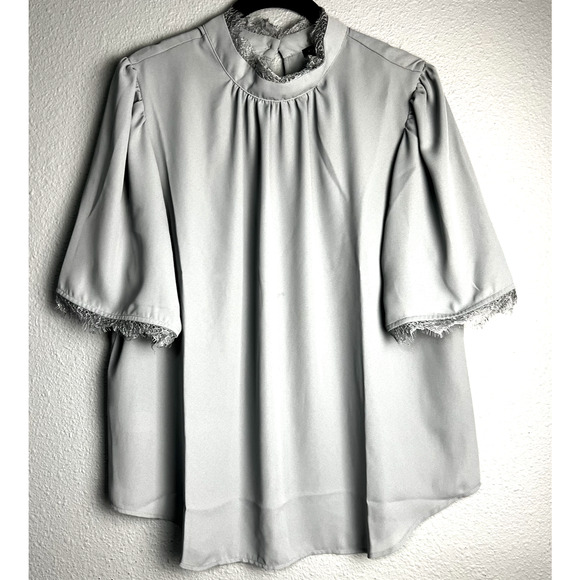Ann Taylor Lace Trim Mock Neck‎ Yoke Blouse Size L Gray Career Essential Fringe - Picture 1 of 11